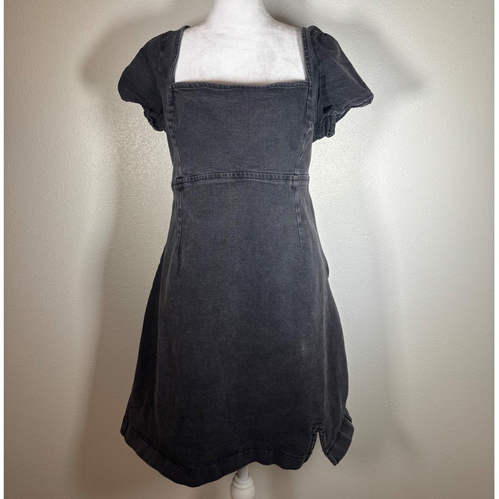 Witchy Grunge Edgy Black Denim Mini Dress XL Lace Up Puff Square Neck Hollister